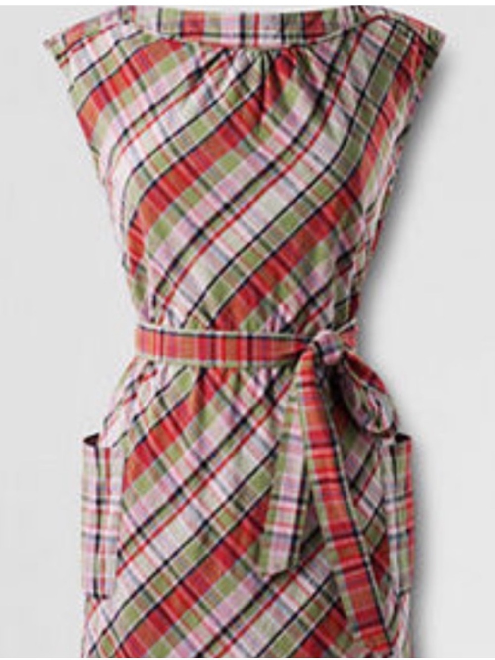 Lands End Womens Plaid 100% Cotton Shift Dress Pink patch Pockets VTG prep